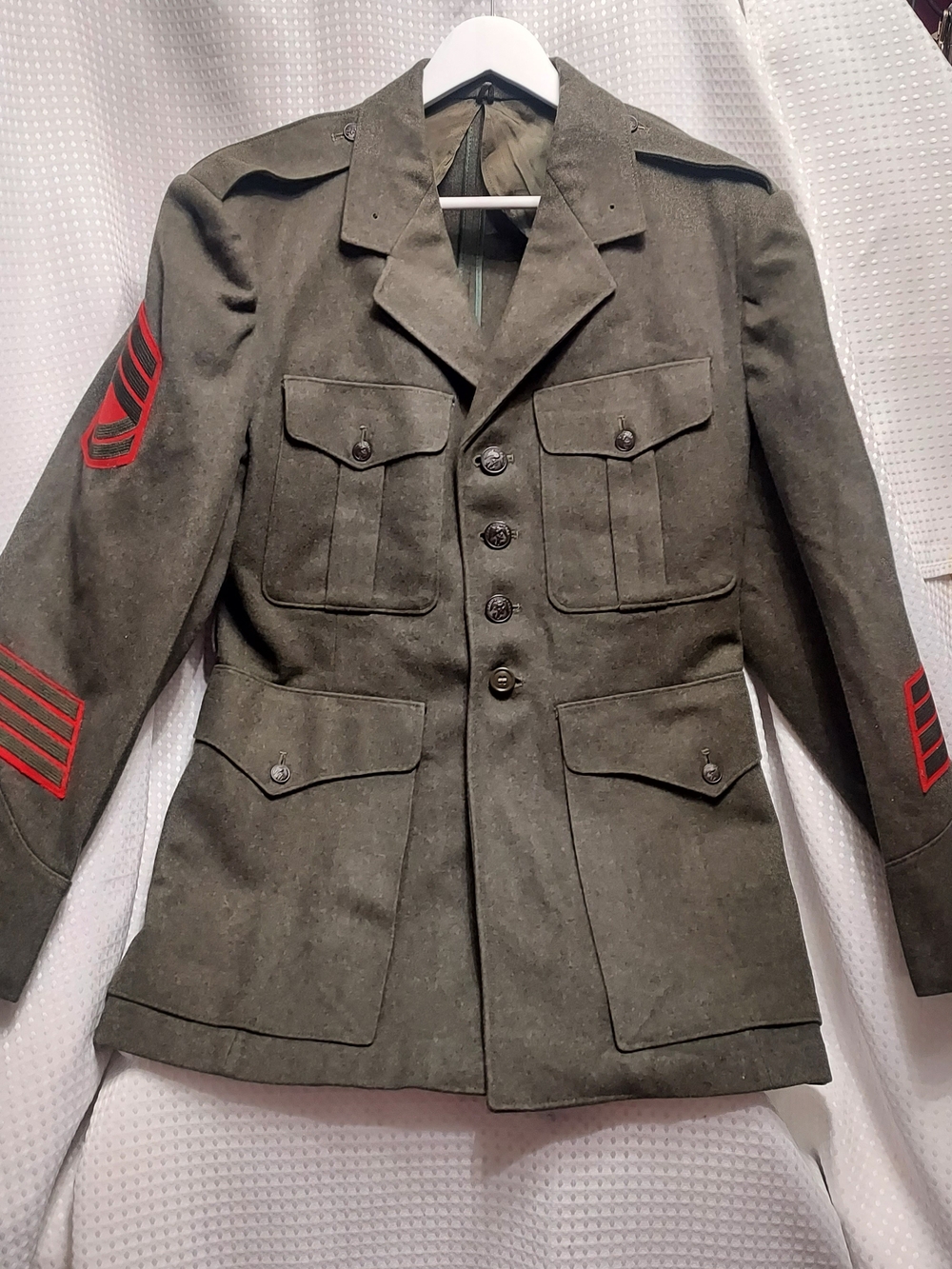 Olive Green Military Field Jacket with Red Sleeve Chevrons